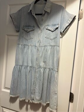 Light Blue Denim Dress with pearl  Buttons